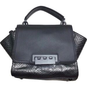Zac Posen Eartha Silver Metallic Alligator Embossed Black Leather Flap Top Bag